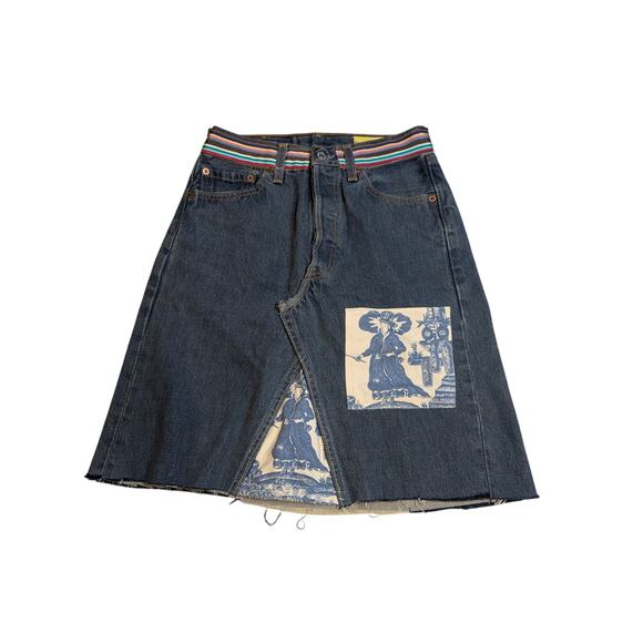 Queen Bea Studio Upcycled Levi's Denim Skirt Patchwork Raw Hem Unique - Picture 1 of 4